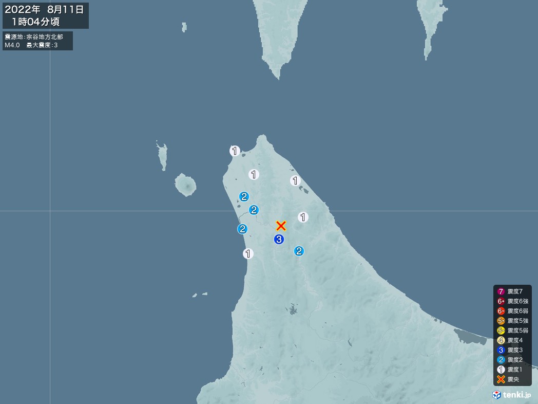 地震情報 2022年08月11日 01時04分頃発生 最大震度：3 震源地：宗谷地方北部(拡大画像)