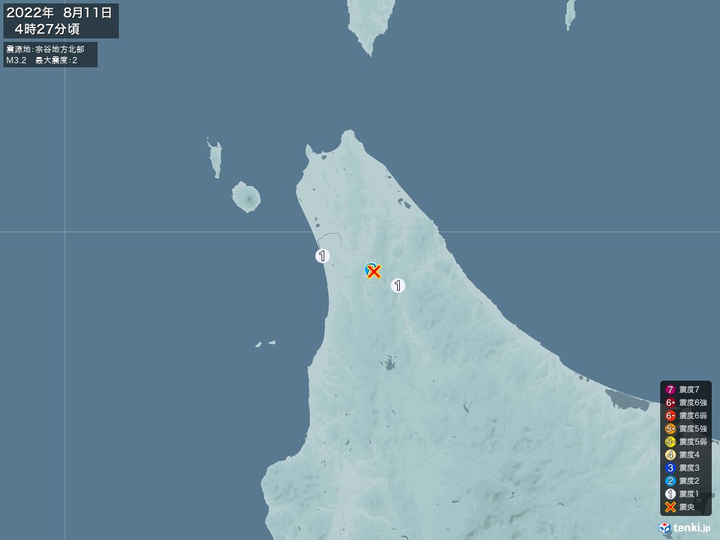 地震情報 2022年08月11日 04時27分頃発生 最大震度：2 震源地：宗谷地方北部(拡大画像)