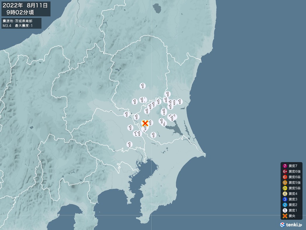地震情報 2022年08月11日 09時02分頃発生 最大震度：1 震源地：茨城県南部(拡大画像)