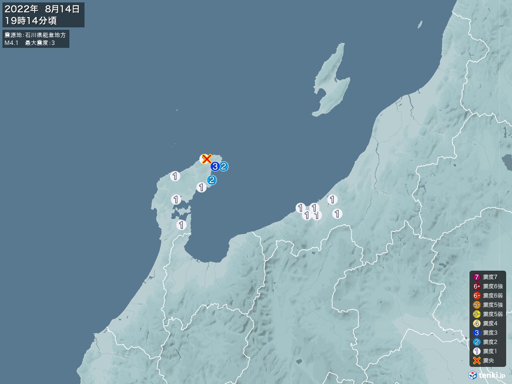 地震情報 2022年08月14日 19時14分頃発生 最大震度：3 震源地：石川県能登地方(拡大画像)