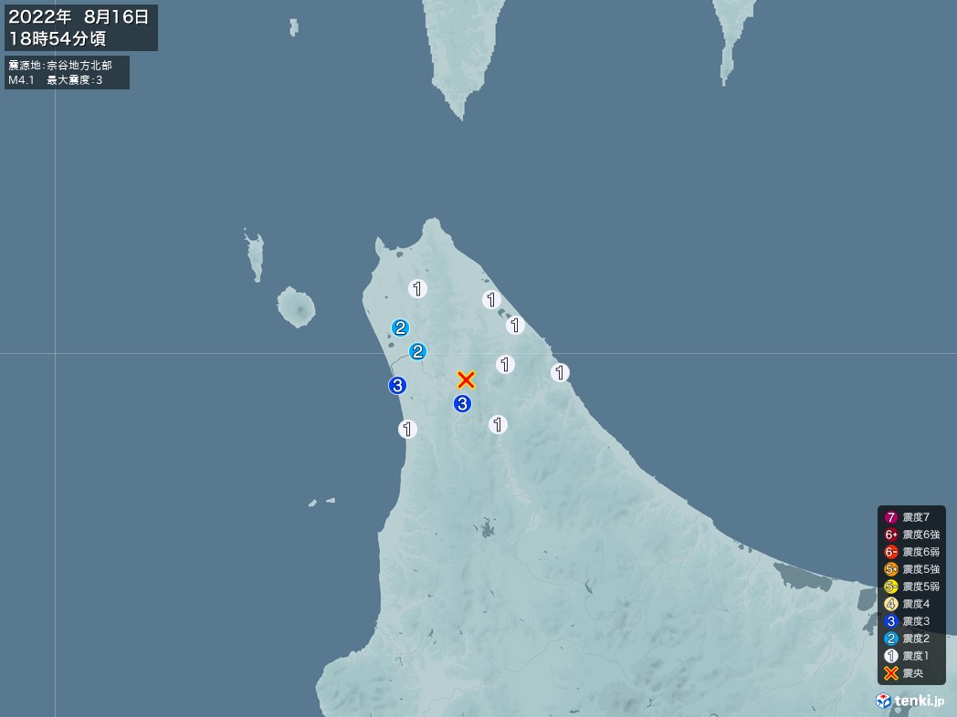 地震情報 2022年08月16日 18時54分頃発生 最大震度：3 震源地：宗谷地方北部(拡大画像)