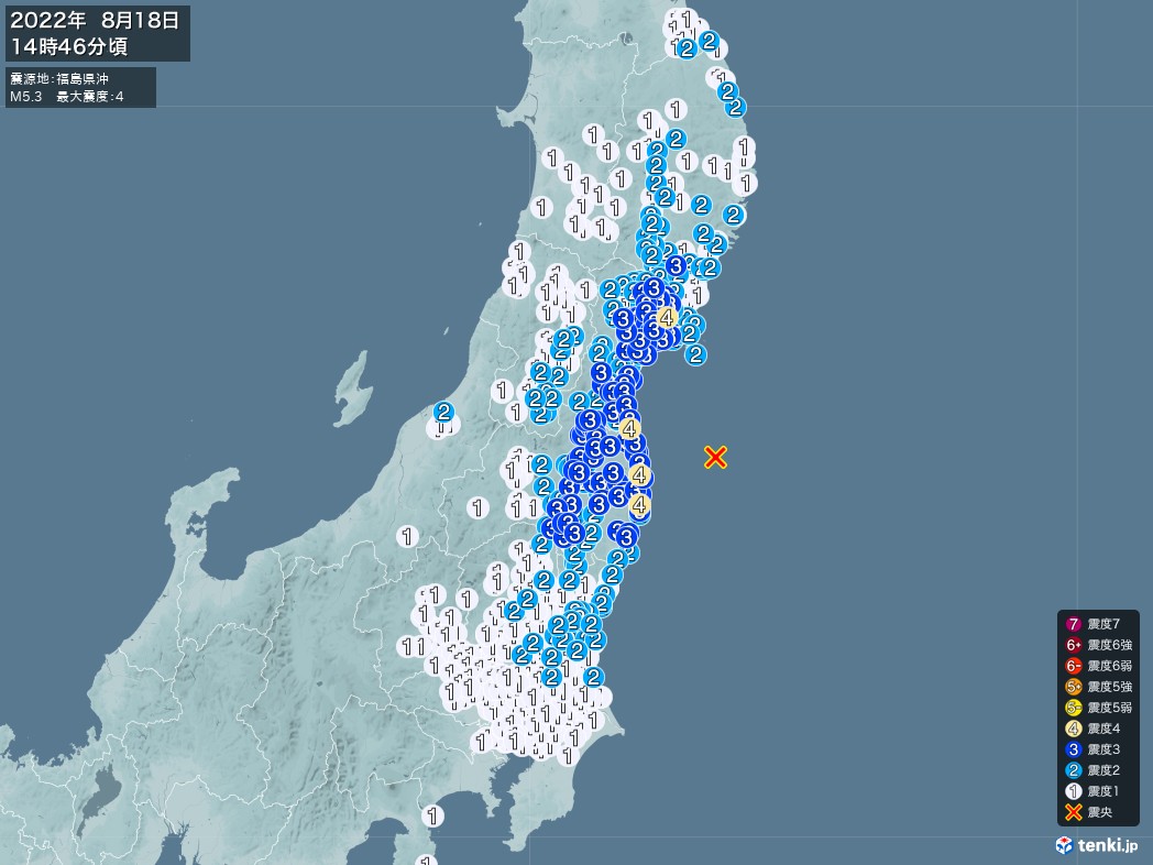 地震情報 2022年08月18日 14時46分頃発生 最大震度：4 震源地：福島県沖(拡大画像)