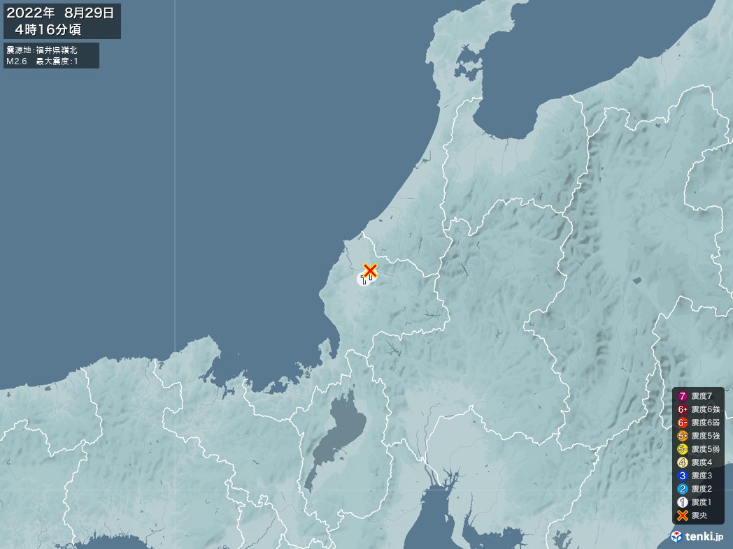 地震情報 2022年08月29日 04時16分頃発生 最大震度：1 震源地：福井県嶺北(拡大画像)
