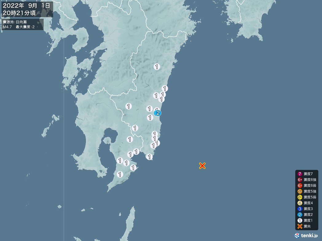 地震情報 2022年09月01日 20時21分頃発生 最大震度：2 震源地：日向灘(拡大画像)