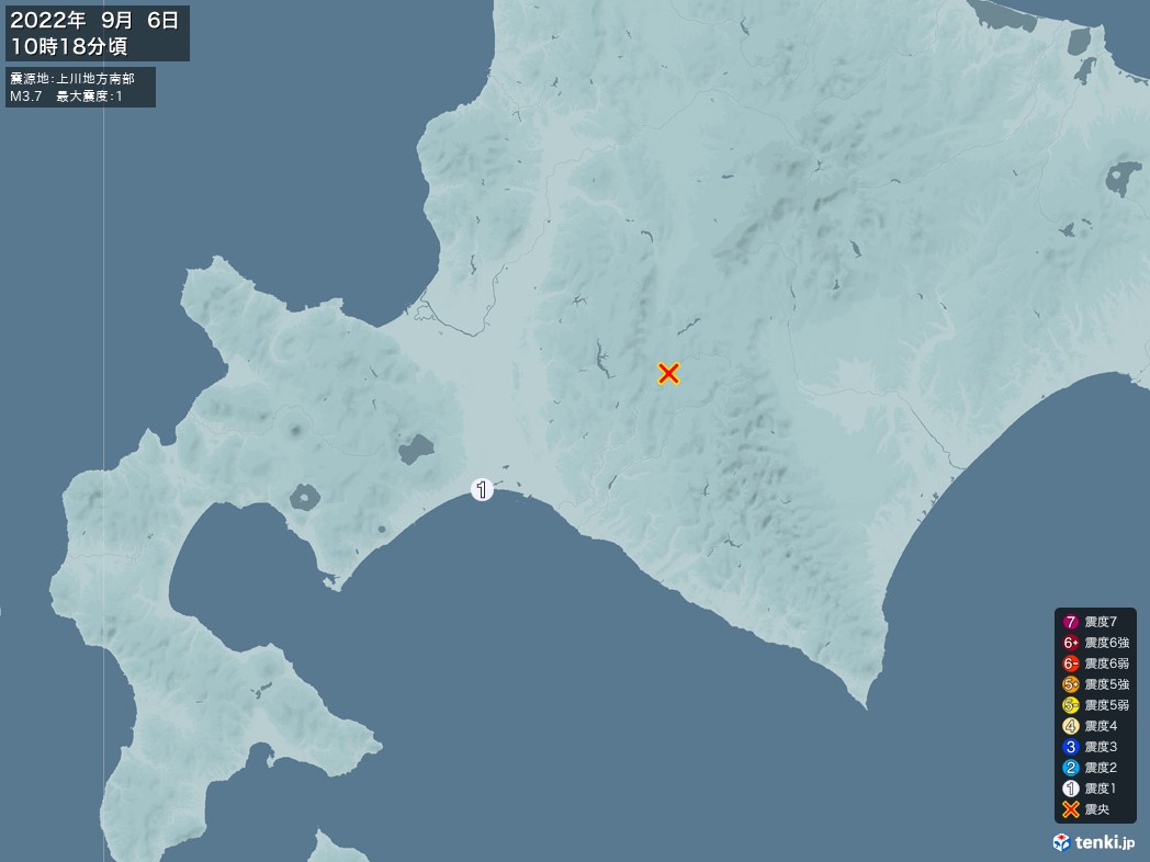 地震情報 2022年09月06日 10時18分頃発生 最大震度：1 震源地：上川地方南部(拡大画像)