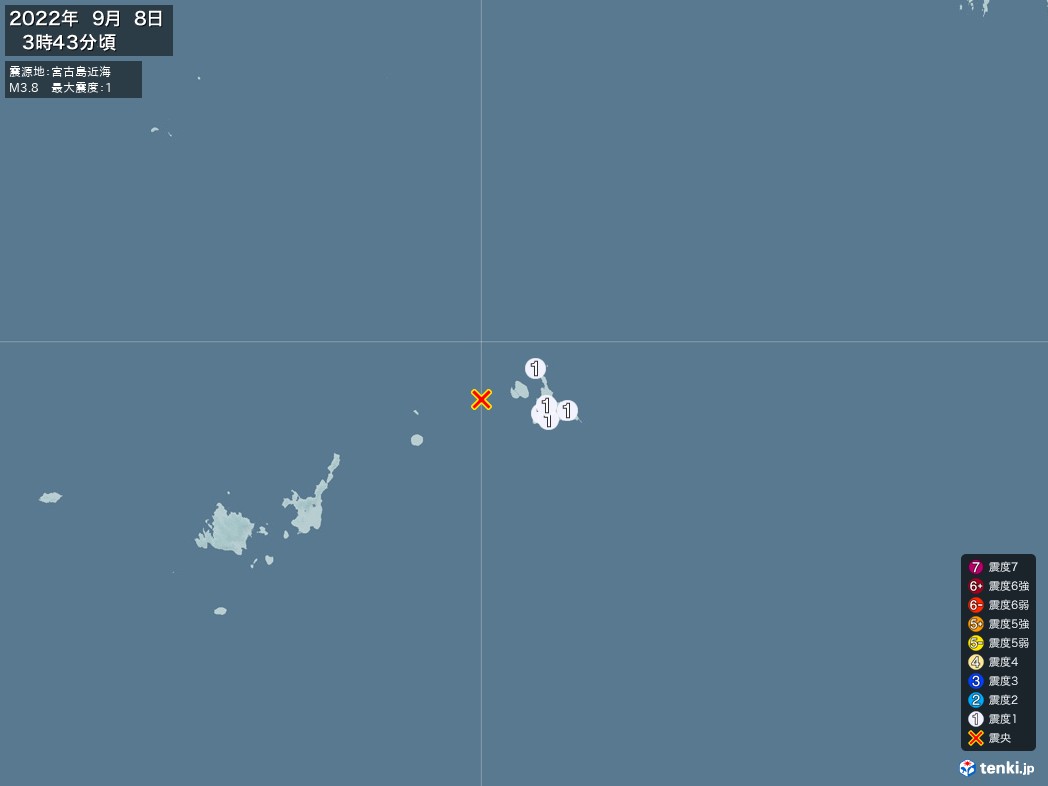 地震情報 2022年09月08日 03時43分頃発生 最大震度：1 震源地：宮古島近海(拡大画像)