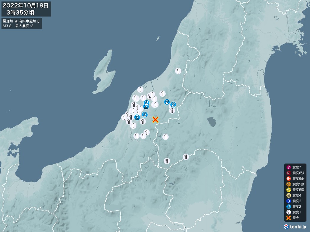 地震情報 2022年10月19日 03時35分頃発生 最大震度：2 震源地：新潟県中越地方(拡大画像)