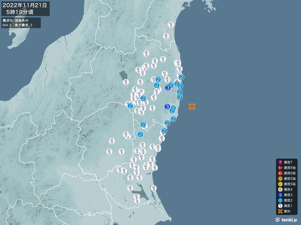 地震情報 2022年11月21日 05時19分頃発生 最大震度：3 震源地：福島県沖(拡大画像)