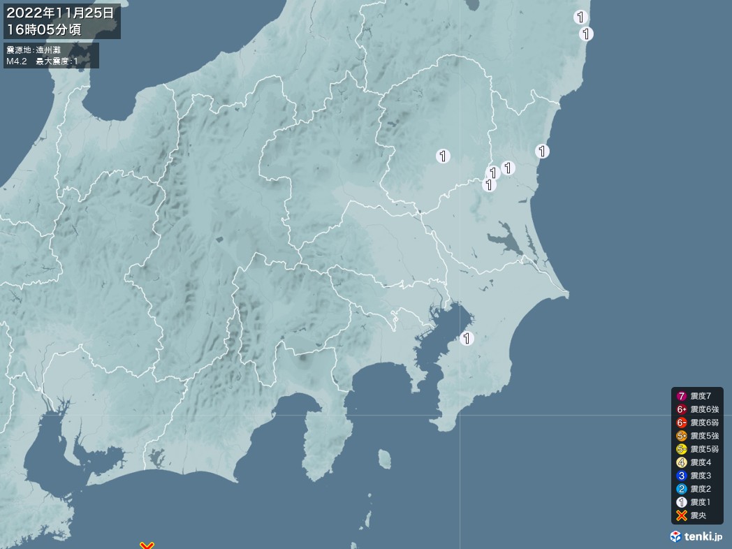 地震情報 2022年11月25日 16時05分頃発生 最大震度：1 震源地：遠州灘(拡大画像)