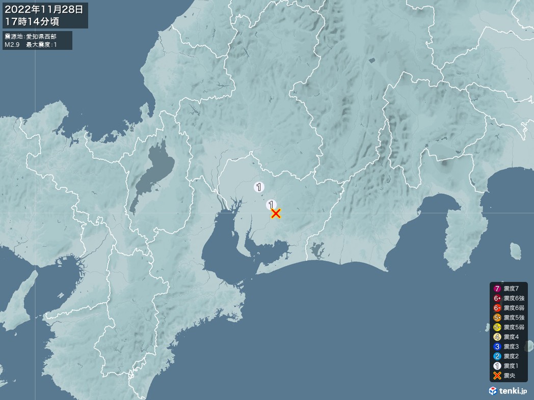 地震情報 2022年11月28日 17時14分頃発生 最大震度：1 震源地：愛知県西部(拡大画像)