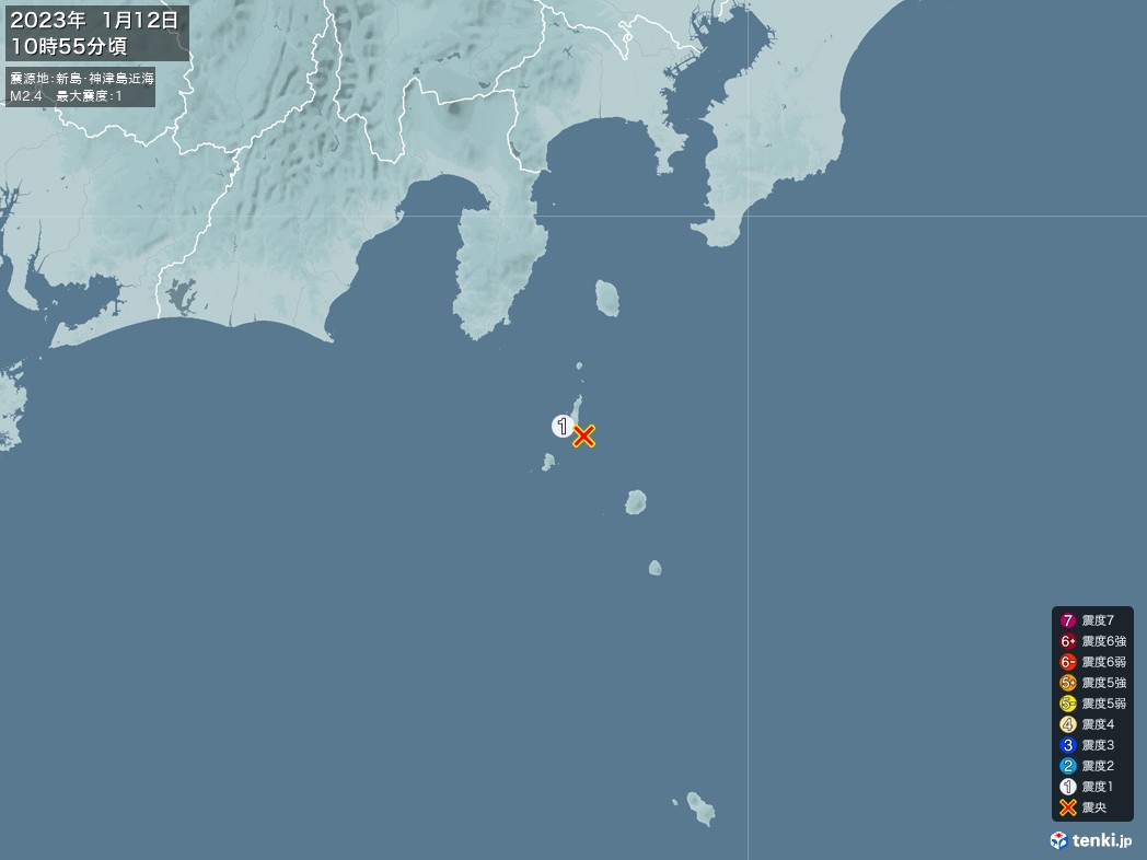 地震情報 2023年01月12日 10時55分頃発生 最大震度：1 震源地：新島・神津島近海(拡大画像)
