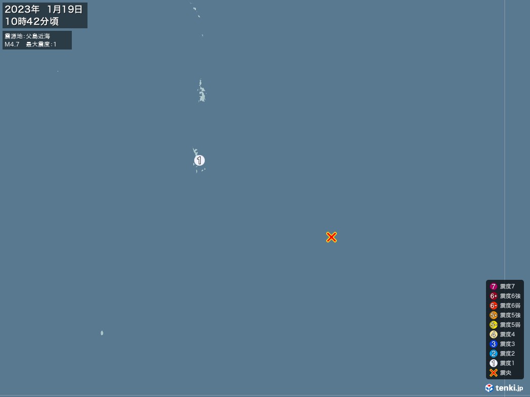 地震情報 2023年01月19日 10時42分頃発生 最大震度：1 震源地：父島近海(拡大画像)