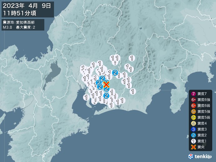 地震情報(2023年04月09日11時51分発生)