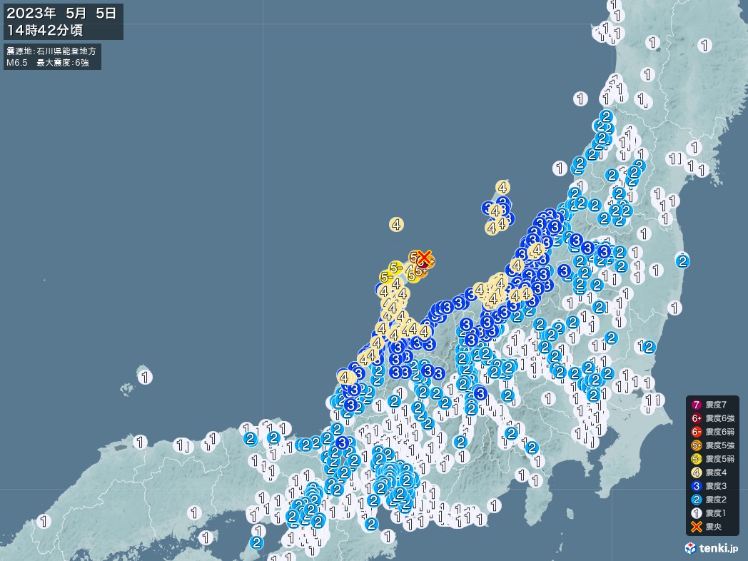 地震情報 2023年05月05日 14時42分頃発生 最大震度：6強 震源地：石川県能登地方(拡大画像)