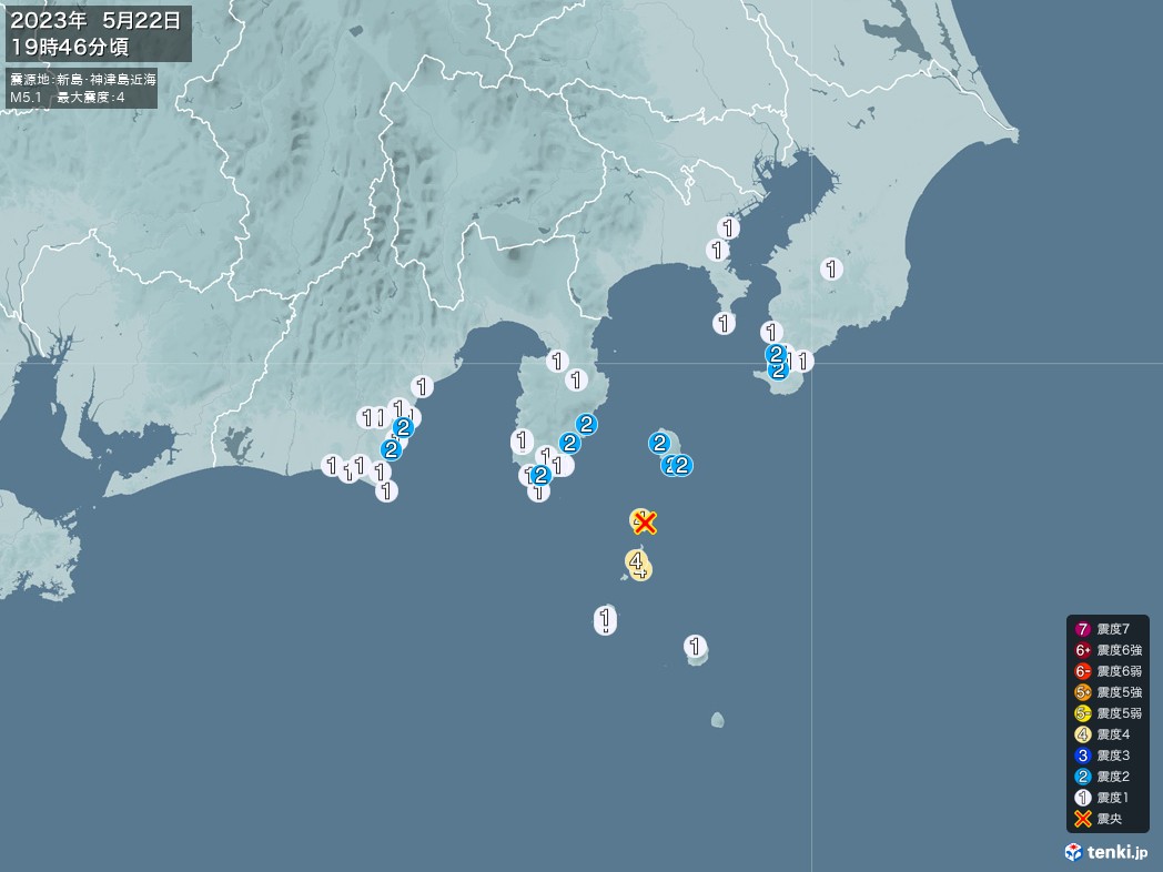 地震情報 2023年05月22日 19時46分頃発生 最大震度：4 震源地：新島・神津島近海(拡大画像)