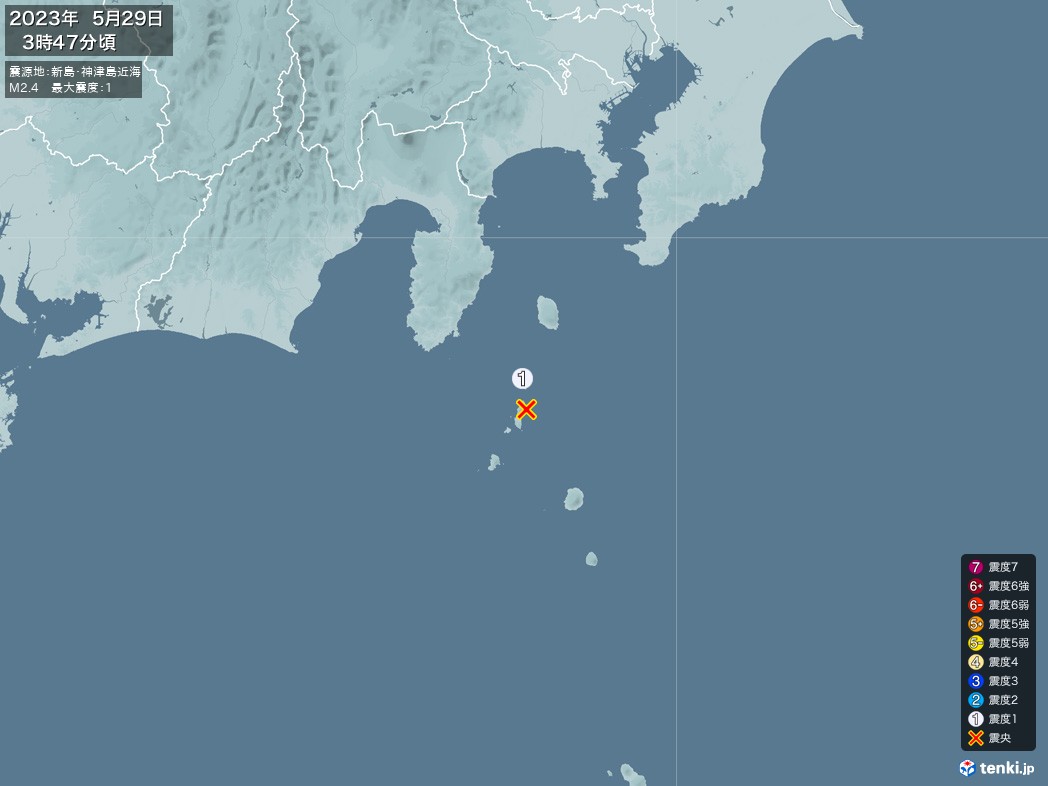 地震情報 2023年05月29日 03時47分頃発生 最大震度：1 震源地：新島・神津島近海(拡大画像)
