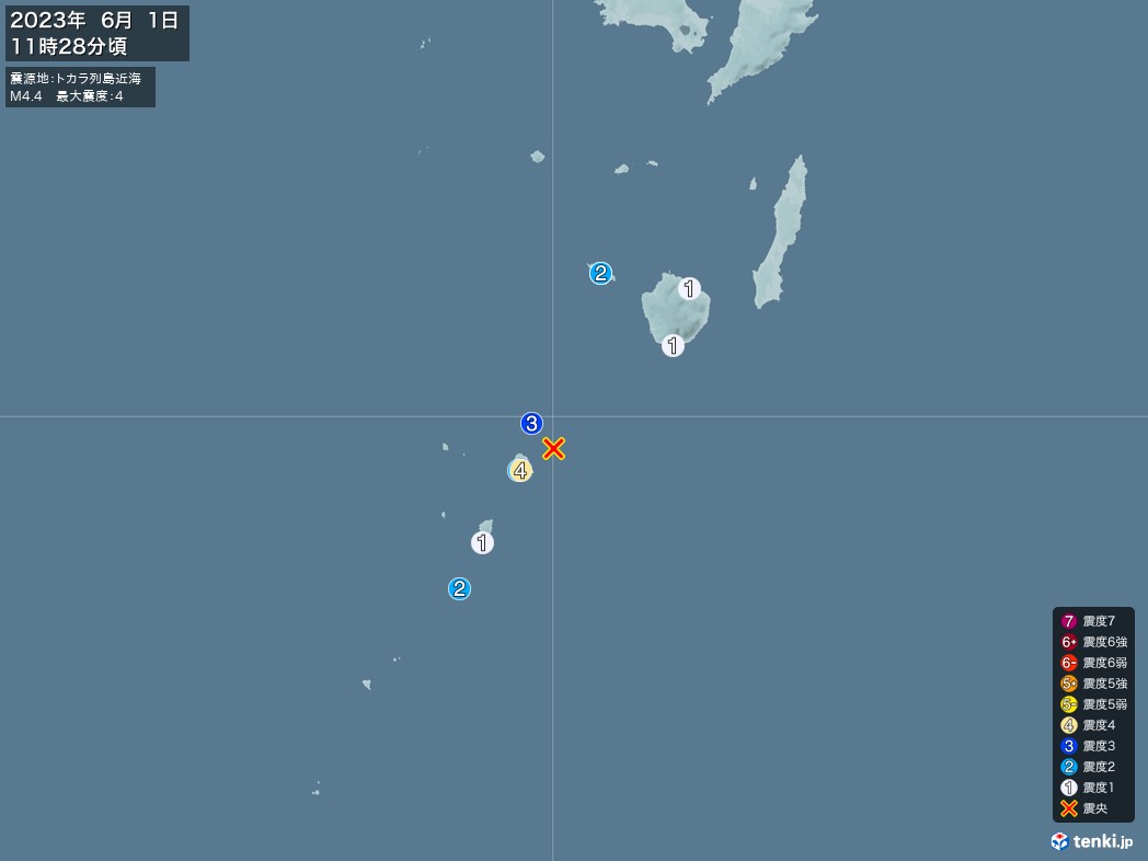 地震情報 2023年06月01日 11時28分頃発生 最大震度：4 震源地：トカラ列島近海(拡大画像)