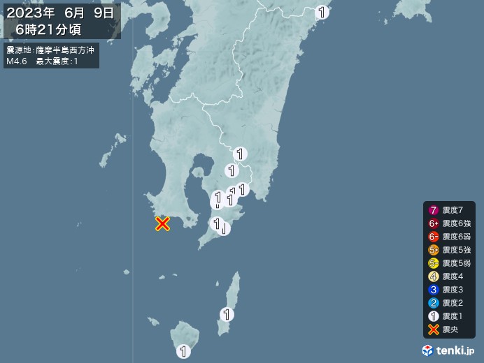 地震情報(2023年06月09日06時21分発生)