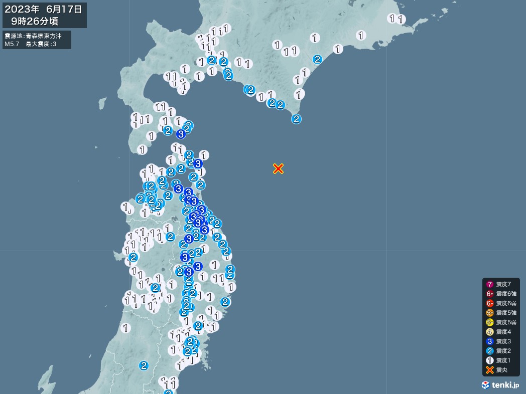 地震情報 2023年06月17日 09時26分頃発生 最大震度：3 震源地：青森県東方沖(拡大画像)