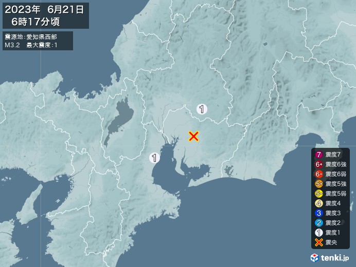 地震情報(2023年06月21日06時17分発生)