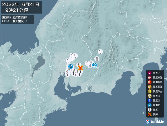地震情報(2023年06月21日09時21分発生)