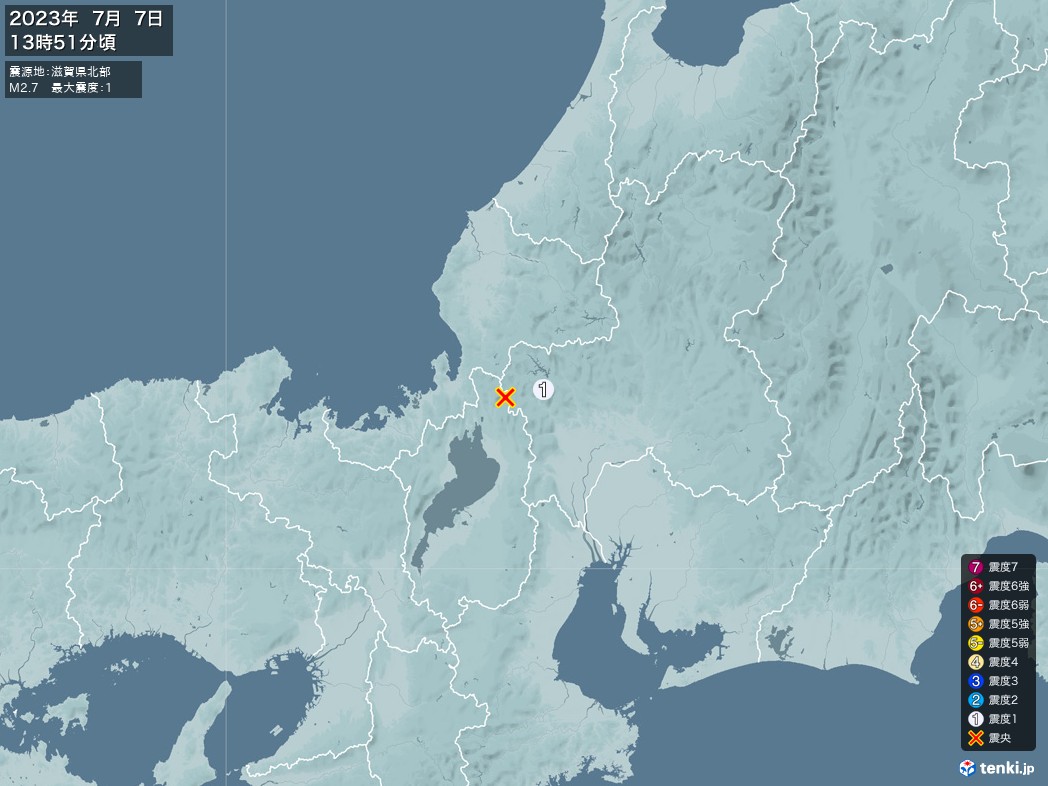 地震情報 2023年07月07日 13時51分頃発生 最大震度：1 震源地：滋賀県北部(拡大画像)