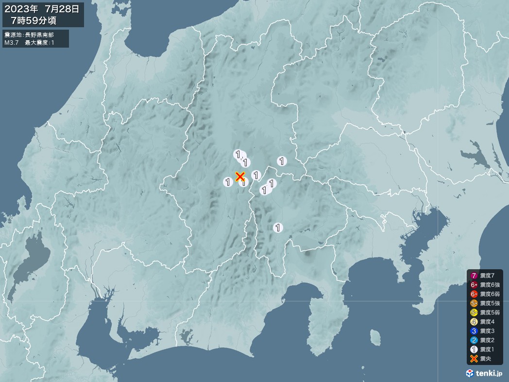 地震情報 2023年07月28日 07時59分頃発生 最大震度：1 震源地：長野県南部(拡大画像)