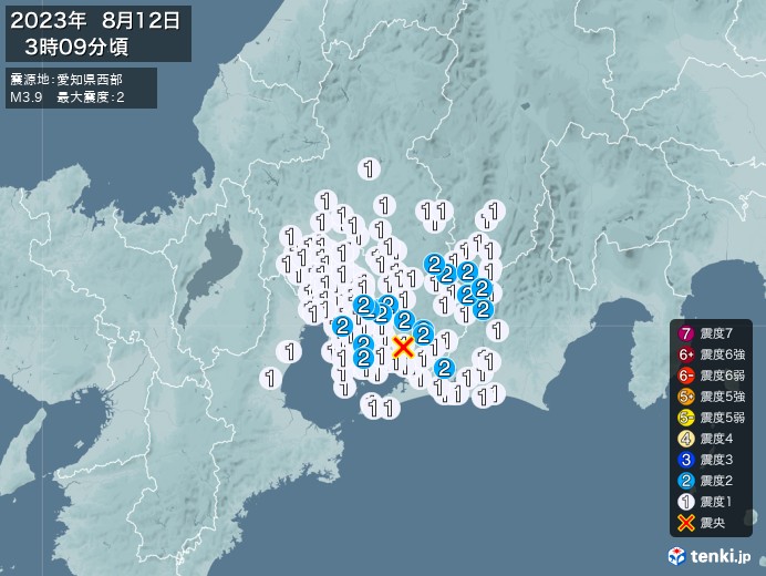 地震情報(2023年08月12日03時09分発生)