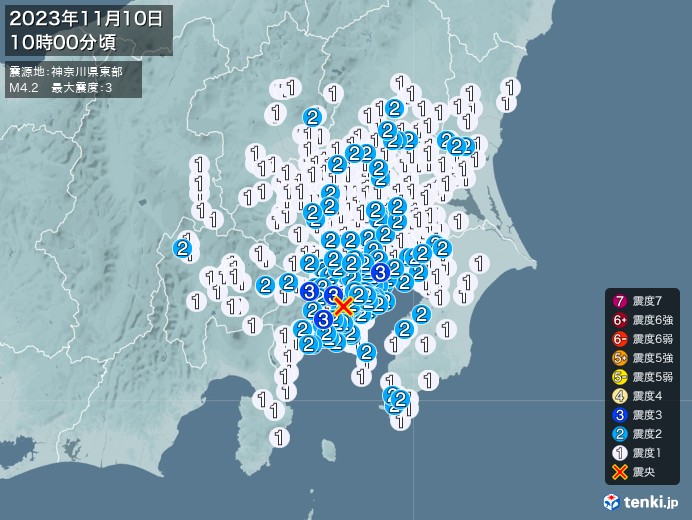 地震情報(2023年11月10日10時00分発生)