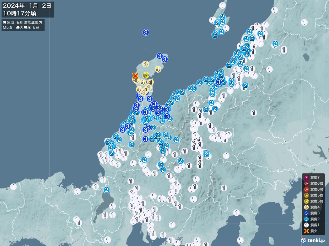 地震情報 2024年01月02日 10時17分頃発生 最大震度：5弱 震源地：石川県能登地方(拡大画像)