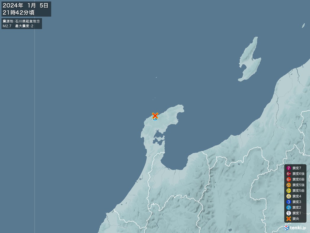 地震情報 2024年01月05日 21時42分頃発生 最大震度：2 震源地：石川県能登地方(拡大画像)