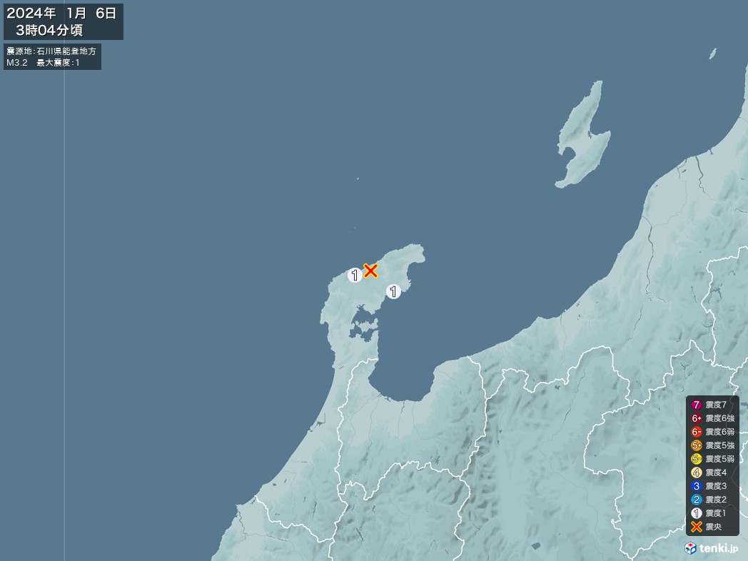 地震情報 2024年01月06日 03時04分頃発生 最大震度：1 震源地：石川県能登地方(拡大画像)