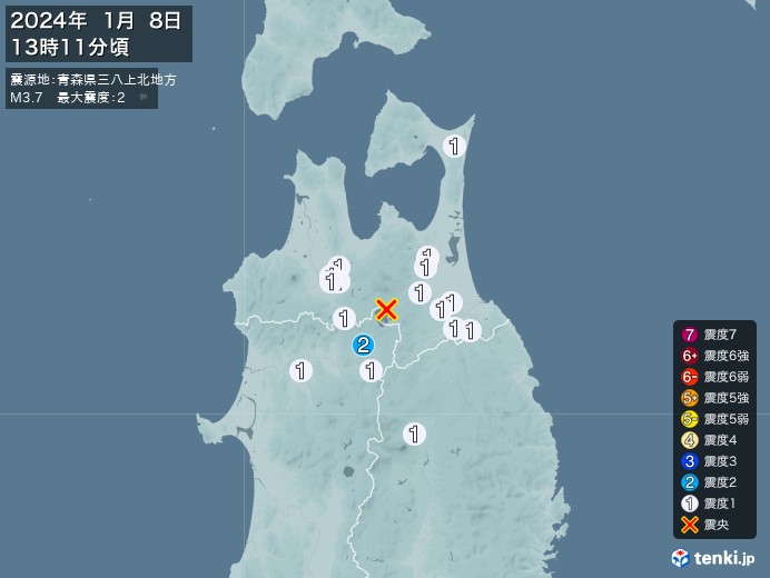 地震情報(2024年01月08日13時11分発生)