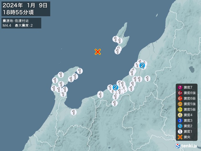 地震情報(2024年01月09日18時55分発生)