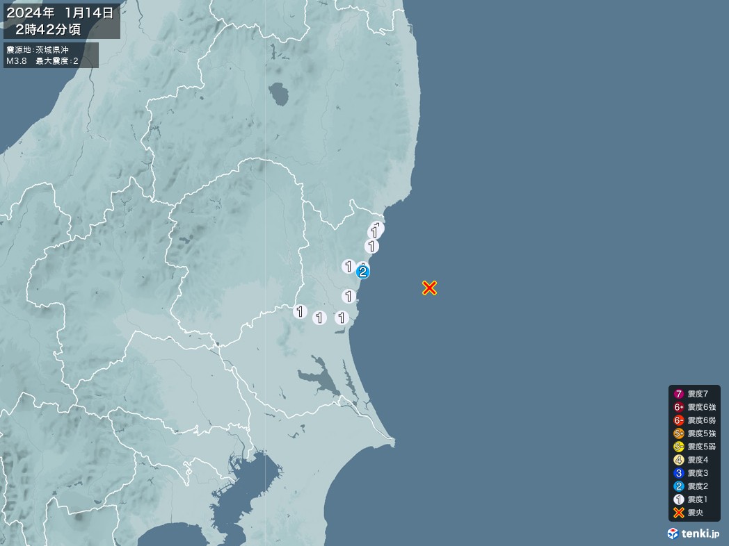 地震情報 2024年01月14日 02時42分頃発生 最大震度：2 震源地：茨城県沖(拡大画像)