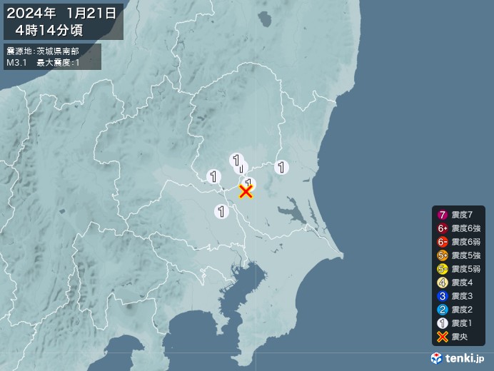 地震情報(2024年01月21日04時14分発生)