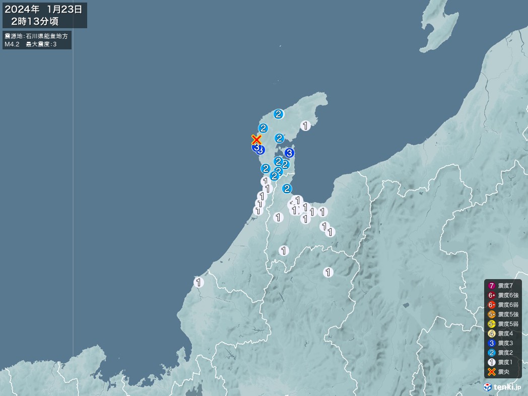 地震情報 2024年01月23日 02時13分頃発生 最大震度：3 震源地：石川県能登地方(拡大画像)