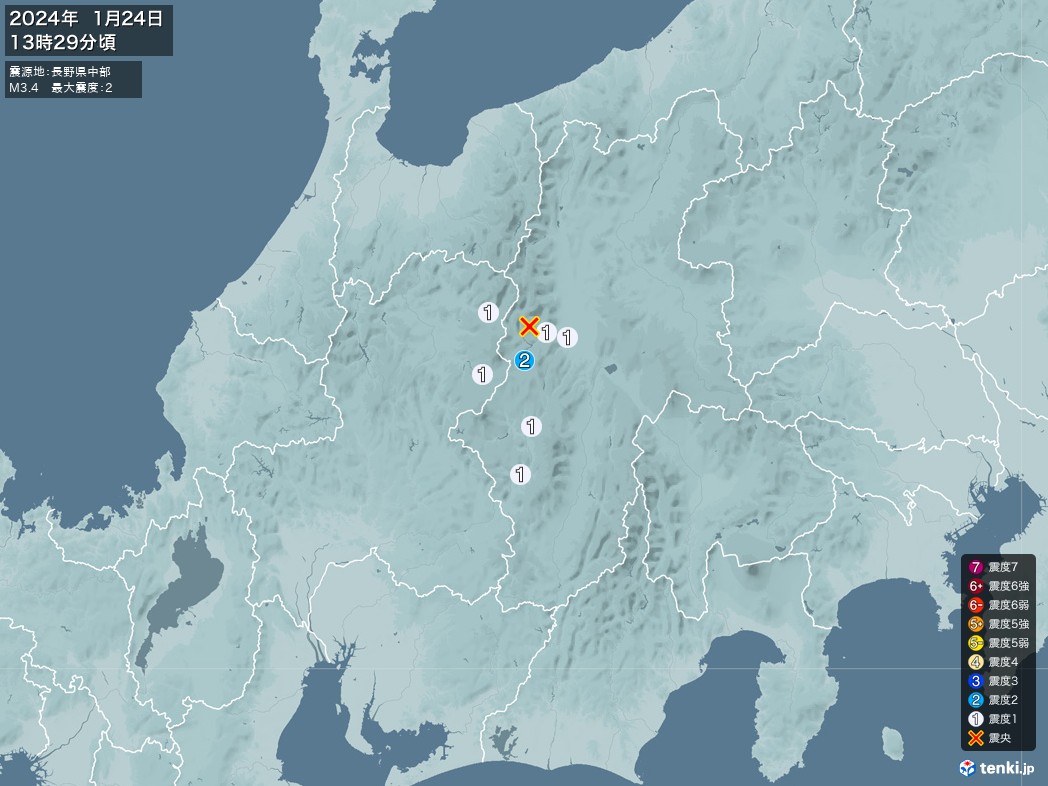 地震情報 2024年01月24日 13時29分頃発生 最大震度：2 震源地：長野県中部(拡大画像)