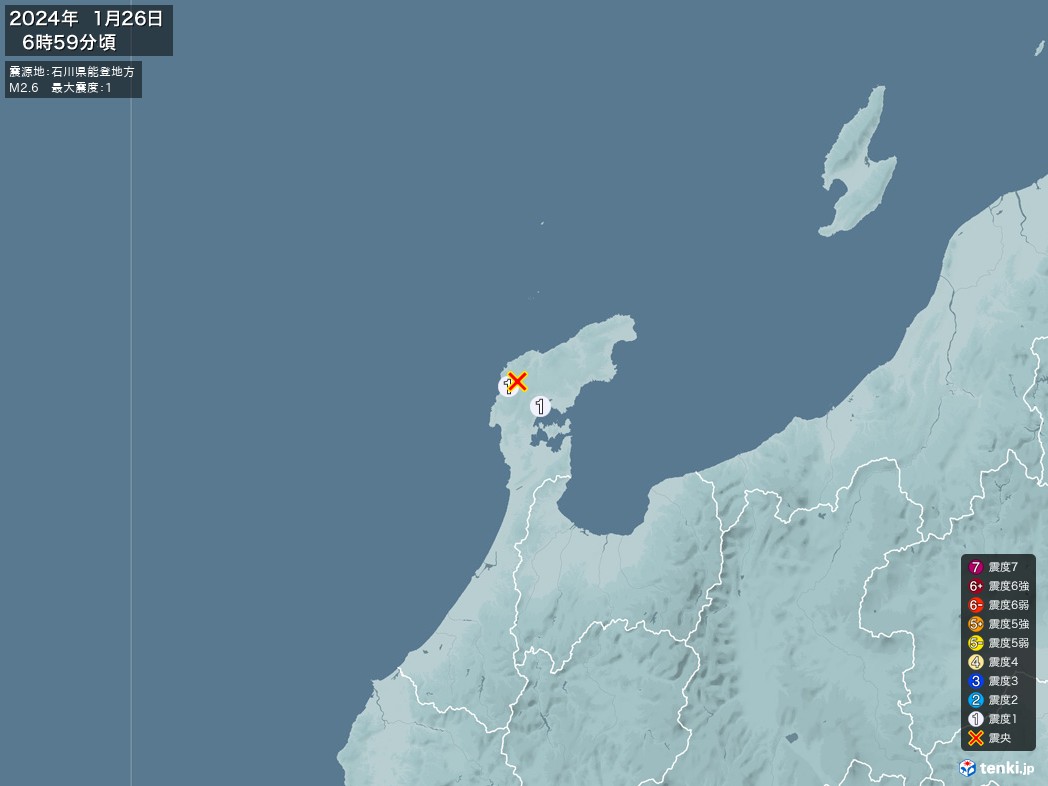 地震情報 2024年01月26日 06時59分頃発生 最大震度：1 震源地：石川県能登地方(拡大画像)