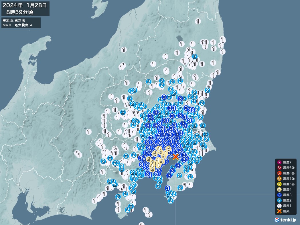 地震情報 2024年01月28日 08時59分頃発生 最大震度：4 震源地：東京湾(拡大画像)