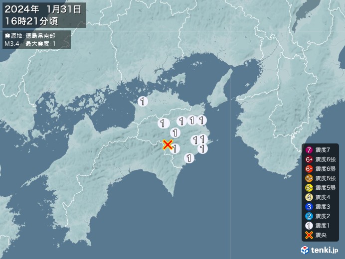 地震情報(2024年01月31日16時21分発生)