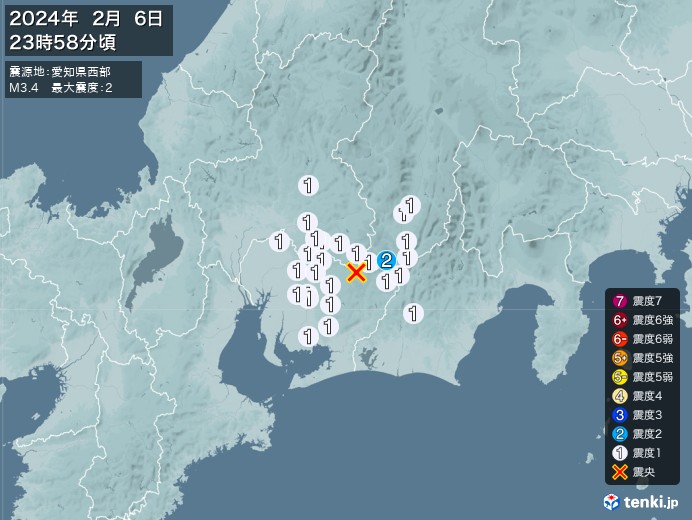 地震情報(2024年02月06日23時58分発生)