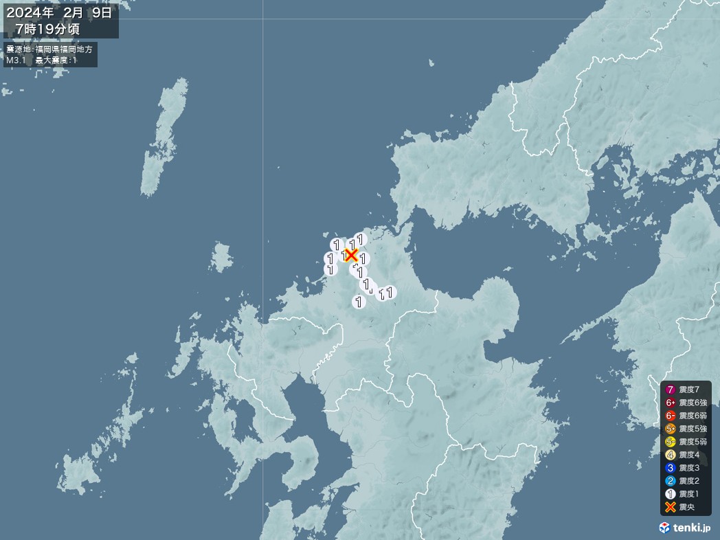 地震情報 2024年02月09日 07時19分頃発生 最大震度：1 震源地：福岡県福岡地方(拡大画像)