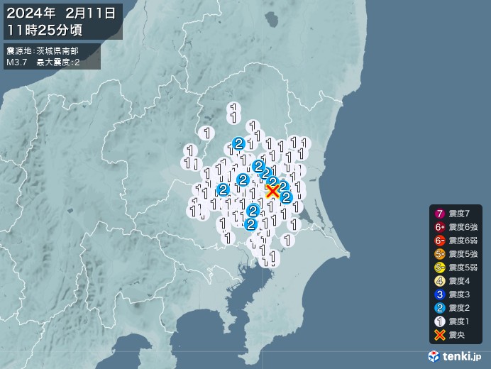 地震情報(2024年02月11日11時25分発生)