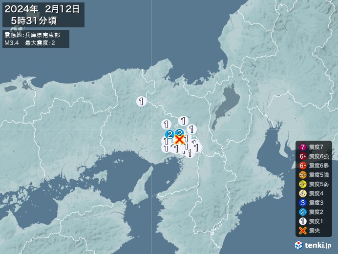 地震情報(2024年02月12日05時31分発生)