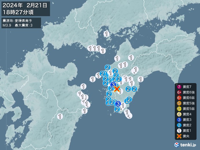 地震情報(2024年02月21日18時27分発生)