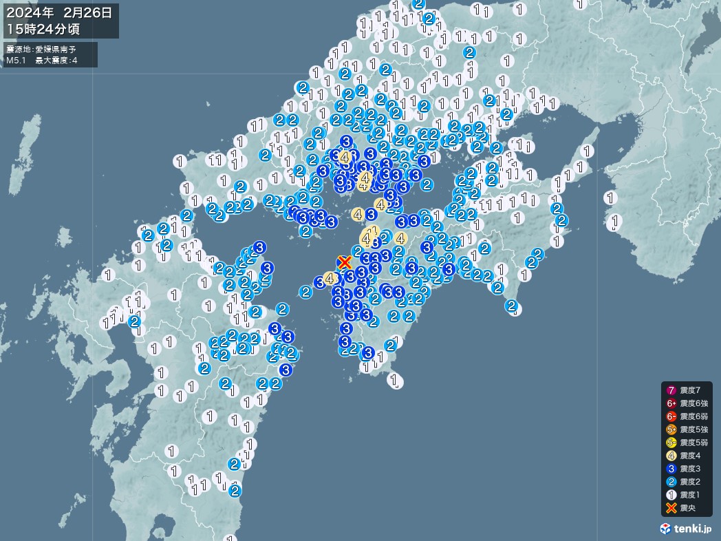 地震情報 2024年02月26日 15時24分頃発生 最大震度：4 震源地：愛媛県南予(拡大画像)