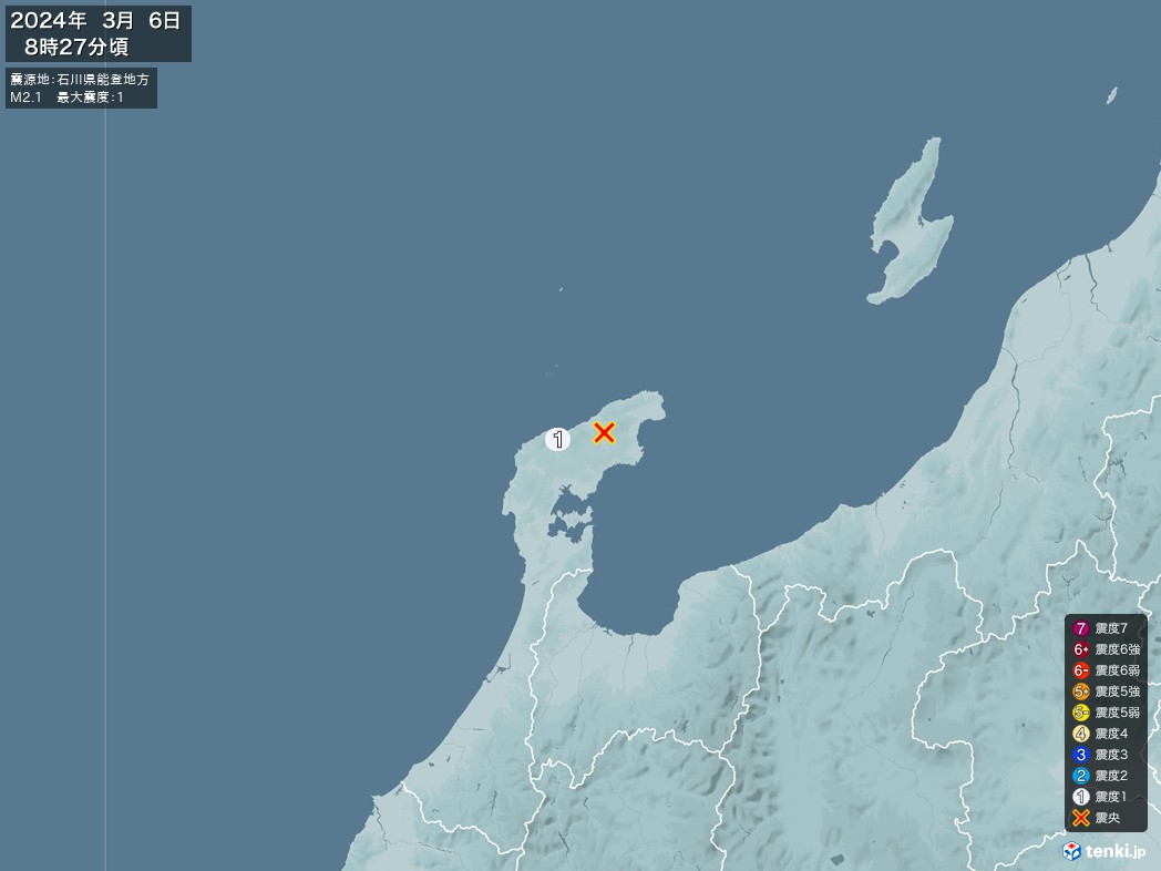 地震情報 2024年03月06日 08時27分頃発生 最大震度：1 震源地：石川県能登地方(拡大画像)