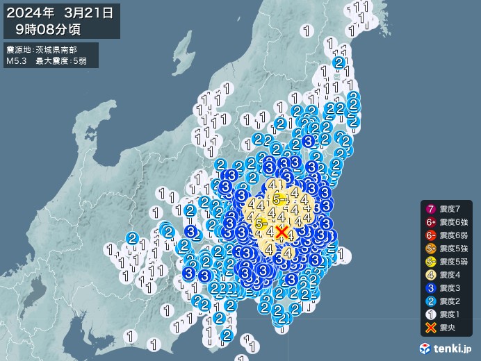 地震情報(2024年03月21日09時08分発生)
