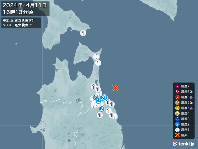 地震情報(2024年04月11日16時13分発生)
